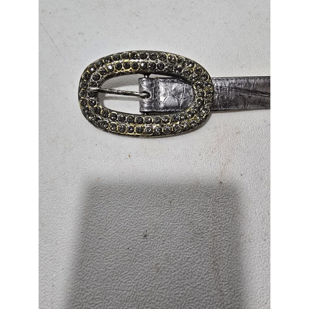 LeatherRock Metallic Silver Leather Belt Rhinestone Buckle Croc Embossed Sz 36” - Picture 4 of 13